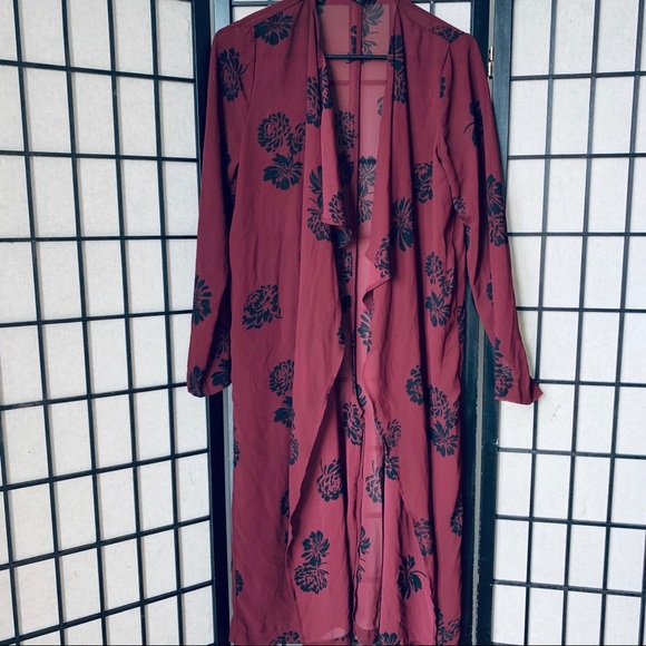 Forever 21 Sweaters - Forever 21 burgandy floral sheer long cardigan M